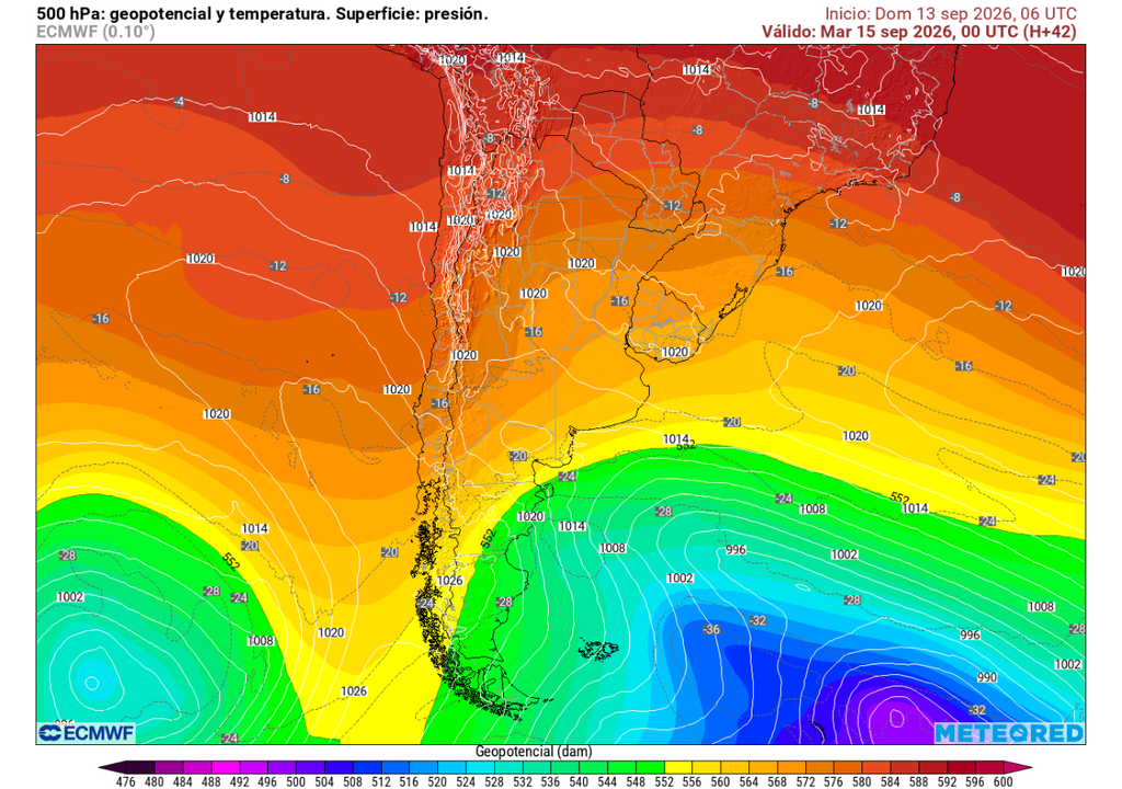 carta de geopotencial y temperatura en 500 hPa A inicios de semana influirá una dorsal en altura que favorecerá el alza térmica en la RM.