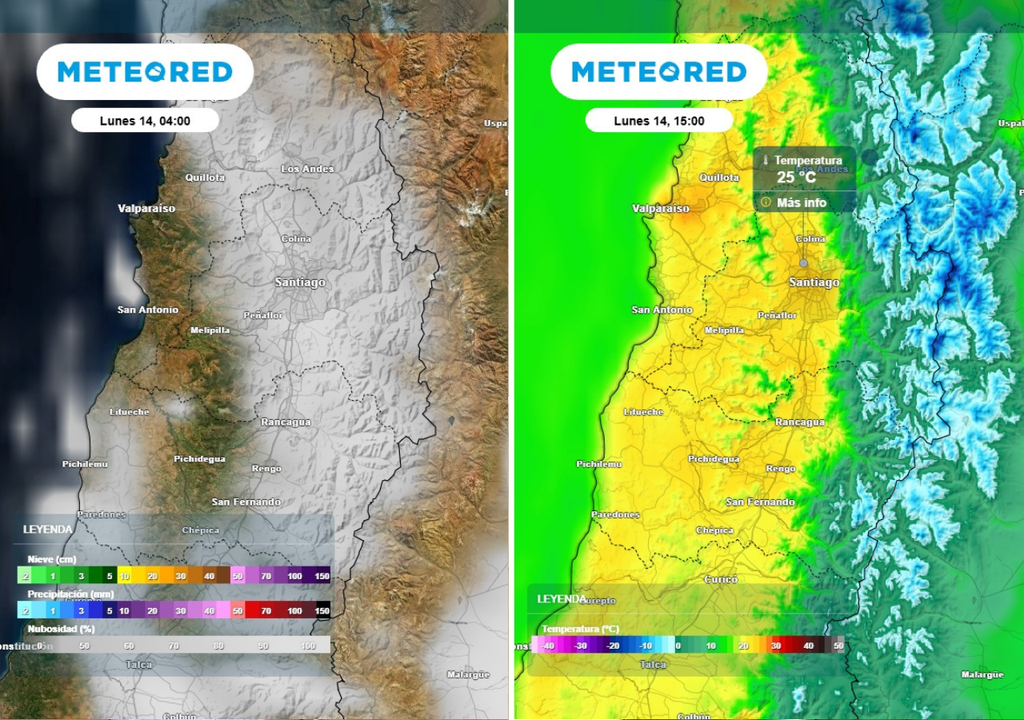 mapas de nubosidad y temperatura El lunes amanecerá con algo de nubosidad, sin embargo se disipará rápidamente y dará paso al sol: en la tarde, alcanzaremos máximas de hasta 25 °C en el centro.