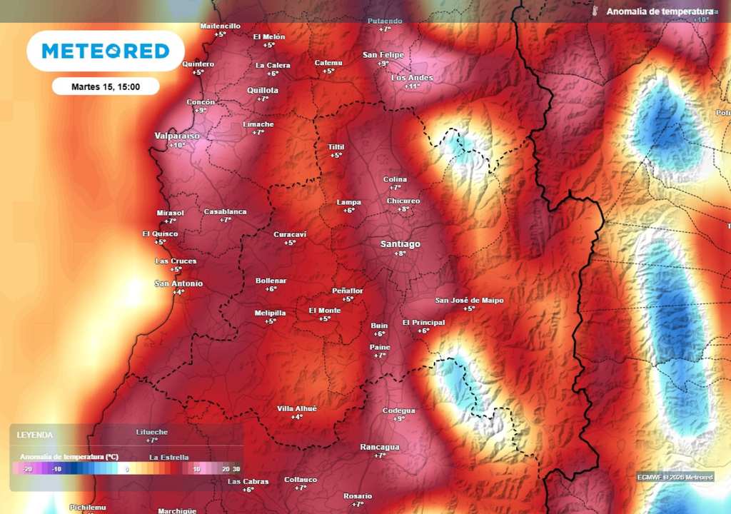 mapa de anomalía de temperatura Este martes será uno de los días más calurosos de la semana en la capital.