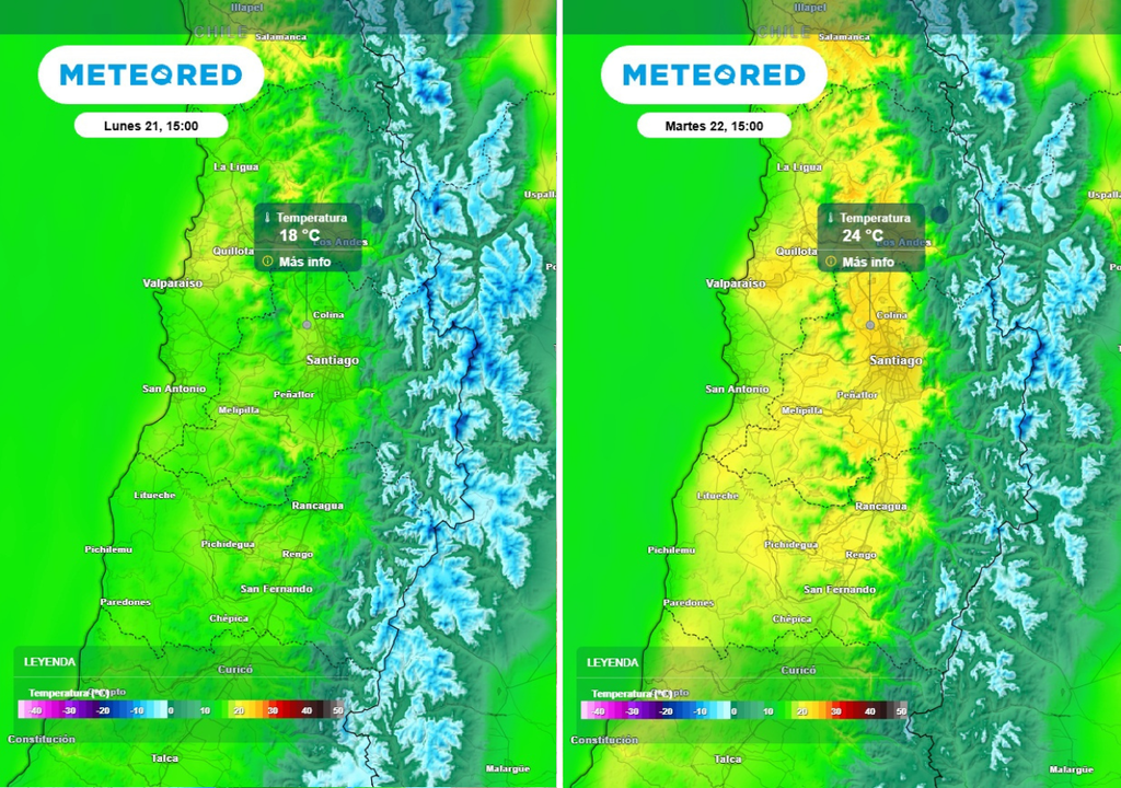 mapas de temperatura Entre lunes y martes se notará una diferencia térmica de al menos 5 grados en Santiago.