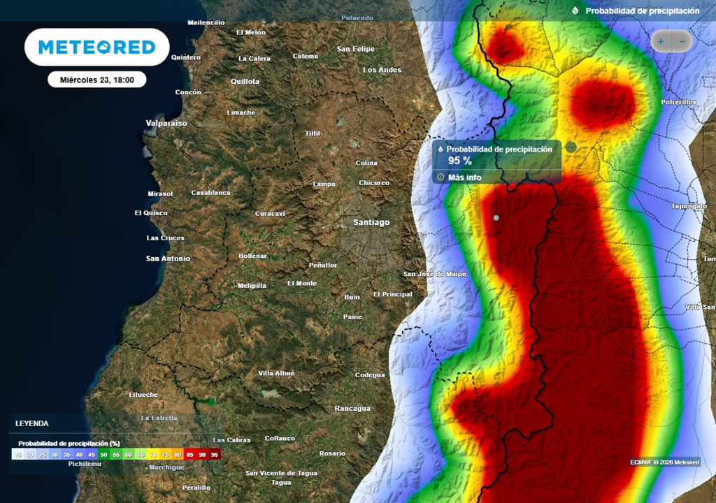 mapa de probabilidad de precipitación Este miércoles podrían llegar precipitaciones a la RM, con mayor probabilidad en zonas cordilleranas.