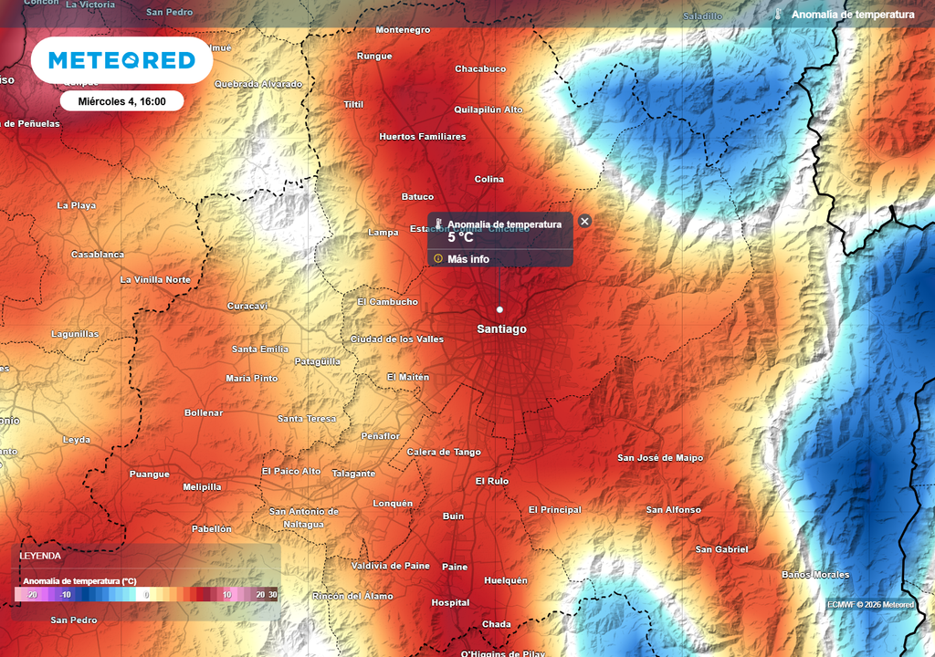 mapa de anomalía de temperatura Este miércoles, la temperatura máxima se presentará al menos 5 grados sobre lo normal para la época en Santiago.
