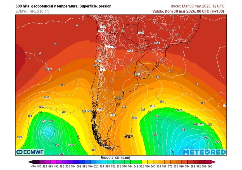 carta de geopotencial y temperatura en 500 hPa Una vaguada en altura irrumpirá en la zona centro sur este fin de semana, lo que favorecerá el leve descenso de las temperaturas.