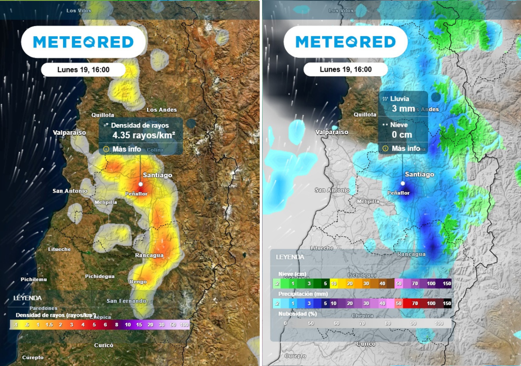 densidad de rayos y precipitaciones Este lunes volverán los chubascos a la capital, con mayor intensidad en la tarde: además, se prevén acompañados por tormentas eléctricas.