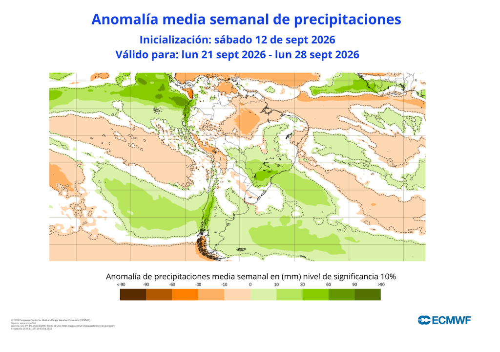 anomalías de precipitaciones Señal clara del modelo europeo: las lluvias podrían llegar a Santiago durante la última semana de septiembre.