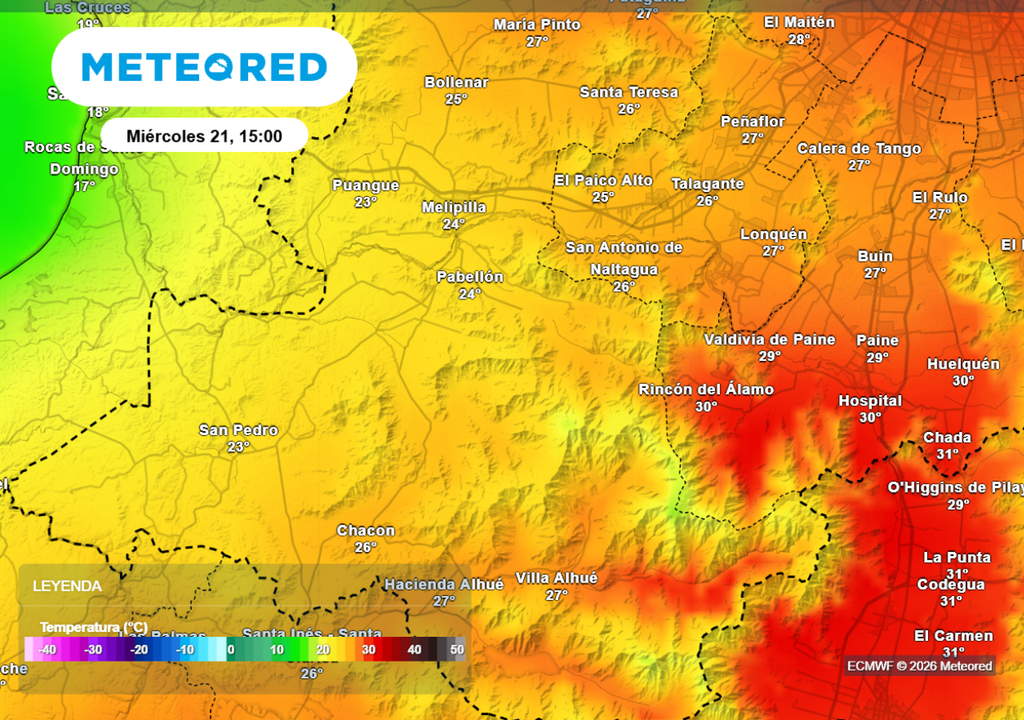 Según el ECMWF se proyectan temperaturas máximas cercanas a los 23 °C en el sector surponiente de Santiago este miércoles.
