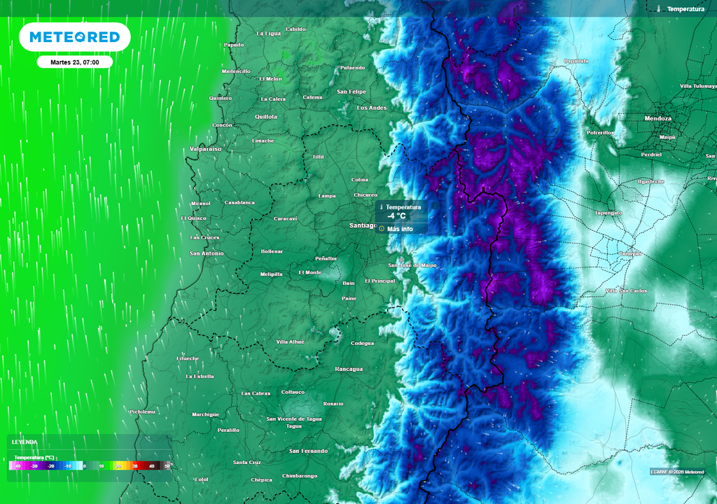 La alta presión fría mantendrá un amanecer helado este martes en la RM, con mínimas bajo cero en valles, precordillera y sectores cordilleranos.