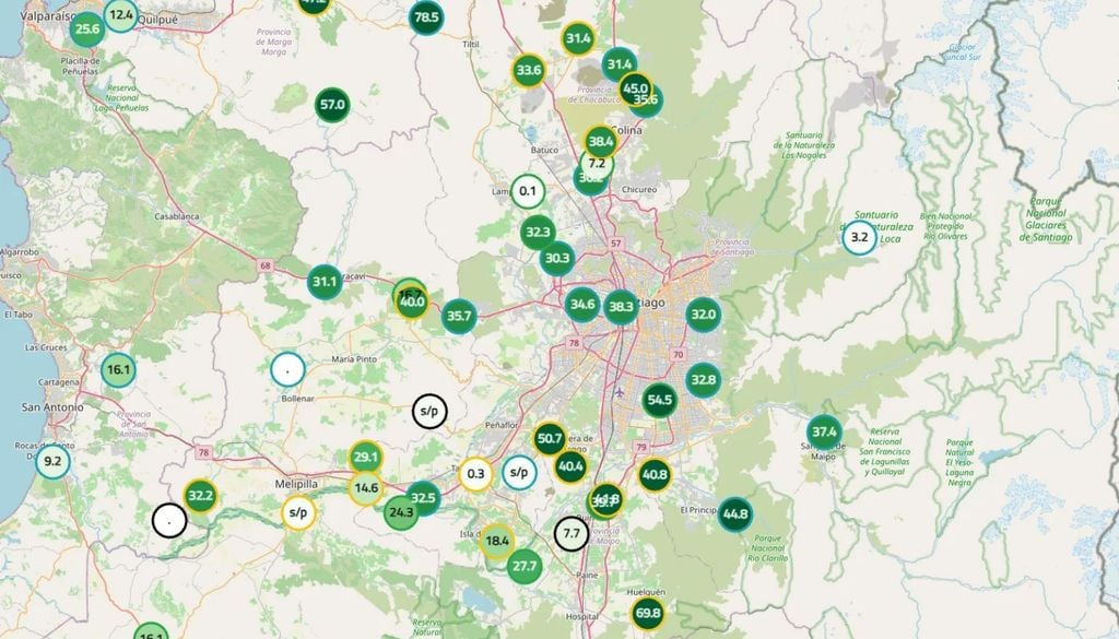 Acumulados de precipitación del último evento de precipitaciones en la Región Metropolitana. Miércoles 21. Datos vidor de la DMC.