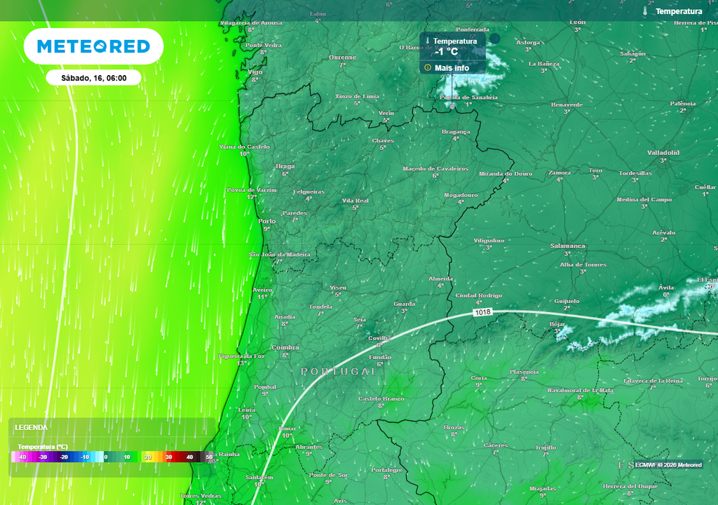 Na madrugada de sábado, 16 de maio, para além do frio generalizado e atípico em pleno mês de maio, evidenciado por este mapa de previsão da temperatura do ar medido à superfície, poderão ser registados valores negativos nalguns locais do interior Norte - por exemplo no extremo setentrional Nordeste Transmontano (-1 ºC, por exemplo) - onde não se exclui o risco de formação de geadas localizadas.