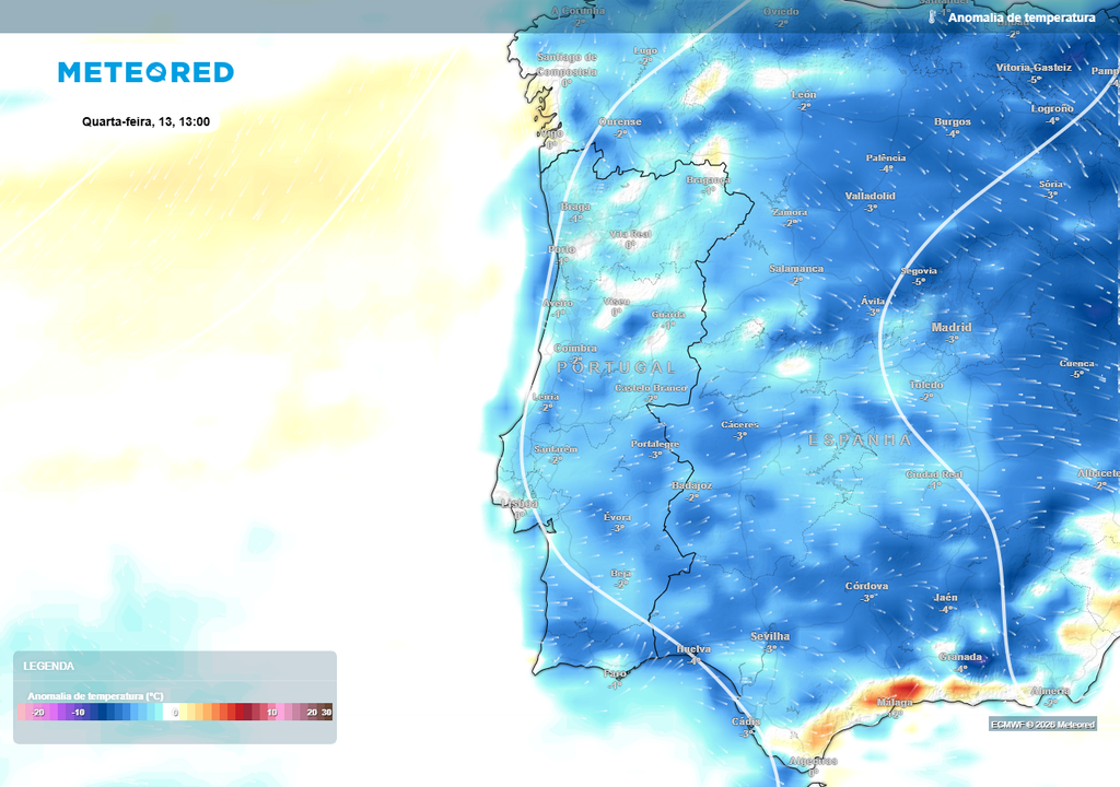 Mesmo durante o período diurno, as temperaturas do ar medidas à superfície continuarão a evidenciar valores inferiores à média climatológica de referência, expressos neste mapa através de anomalias térmicas negativas (tons azuis).