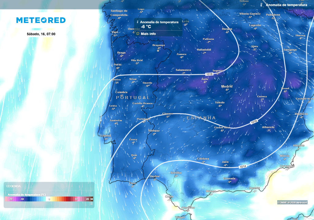 Para a madrugada de sábado (16) preveem-se anomalias de temperatura de -3 a -6 ºC. Nalguns locais poderão ser ainda mais acentuadas (até -8 ºC).