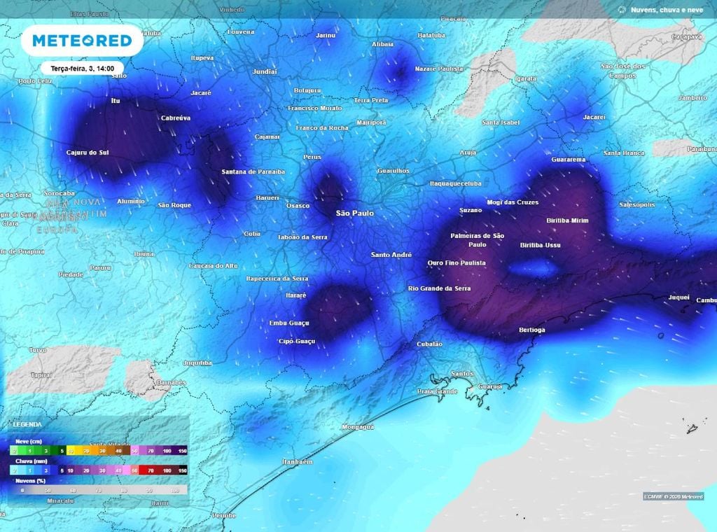 Previsão de precipitação (em mm) para a terça-feira (3) à tarde (14h), segundo o modelo europeu ECMWF.