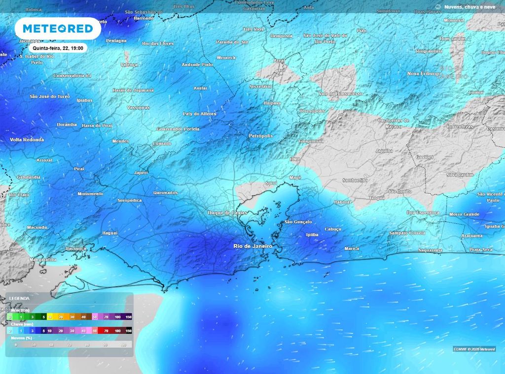 Previsão de nebulosidade e precipitação (em mm) para a quinta-feira (22) à noite (19h), segundo o modelo europeu ECMWF.