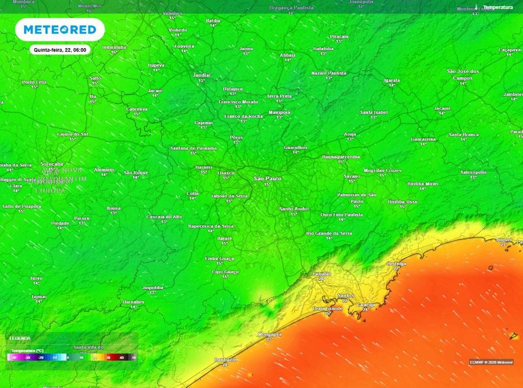 Previsão de temperatura mínima (em °C) para a quinta-feira (22) de manhã às 6h, segundo o modelo europeu ECMWF.