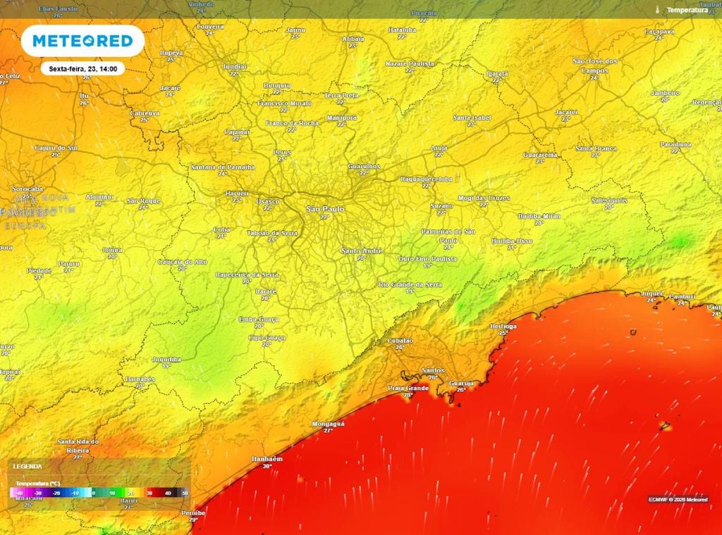 Previsão de temperatura máxima (em °C) para a sexta-feira (23) de tarde (14h), segundo o modelo europeu ECMWF.