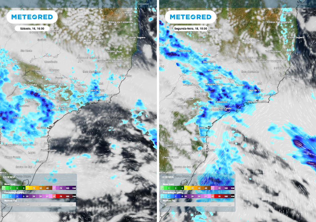 Previsão de precipitação (em mm) e nebulosidade para sábado (16) à tarde (16h) à esquerda e para a segunda-feira (18) à tarde (15h) à direita, segundo o modelo europeu ECMWF.