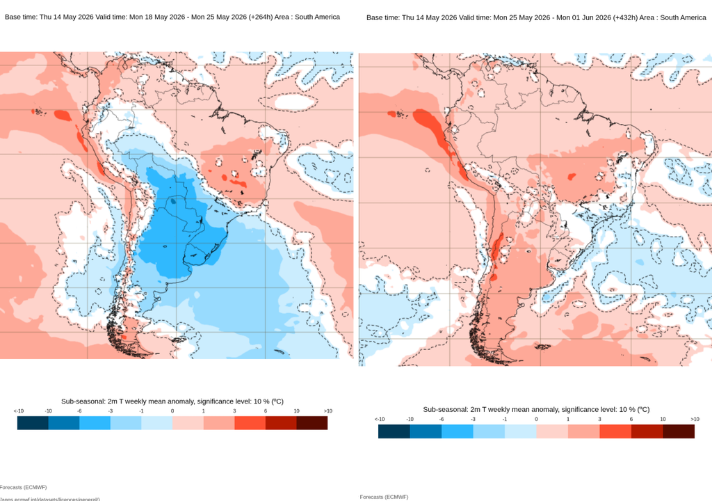 Anomalias médias de temperatura do ar em 2 metros (em °C) para as semanas de 18 a 25 de maio (à esquerda) e de 25/maio a 1/junho à direita, de acordo com o modelo europeu ECMWF.