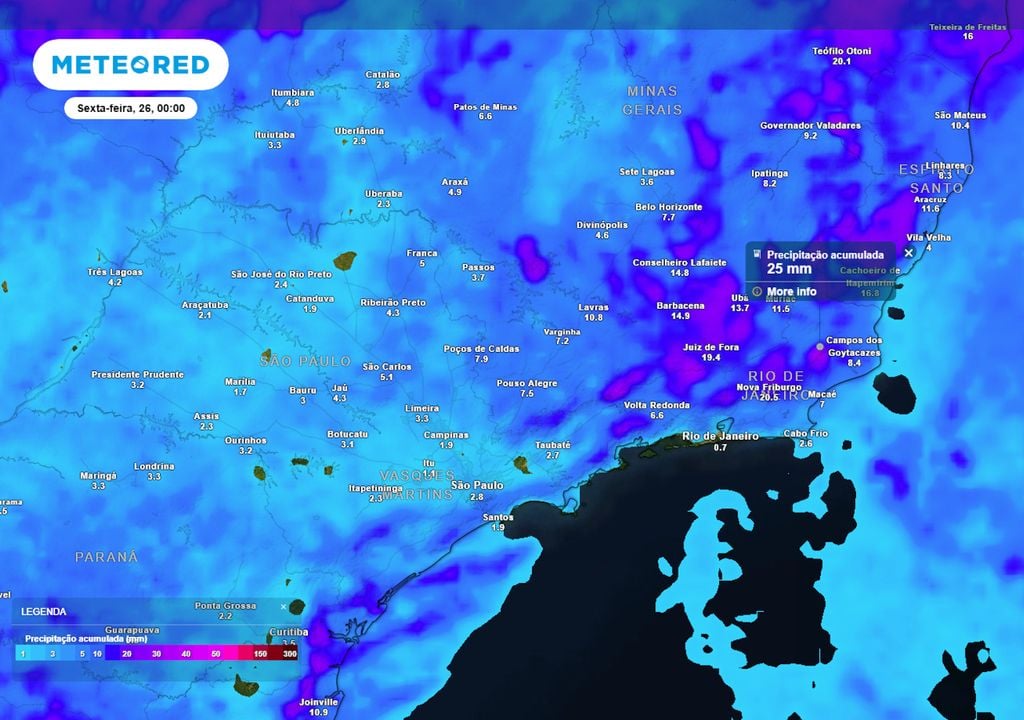 Previsão de acumulados totais de chuva até o final da quinta-feira.
