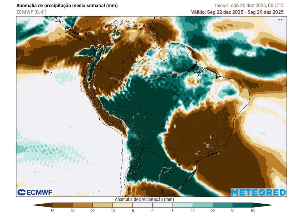 Previsão de anomalias de Chuva entre os dias 22 e 29 de Dezembro (modelo ECMWF).