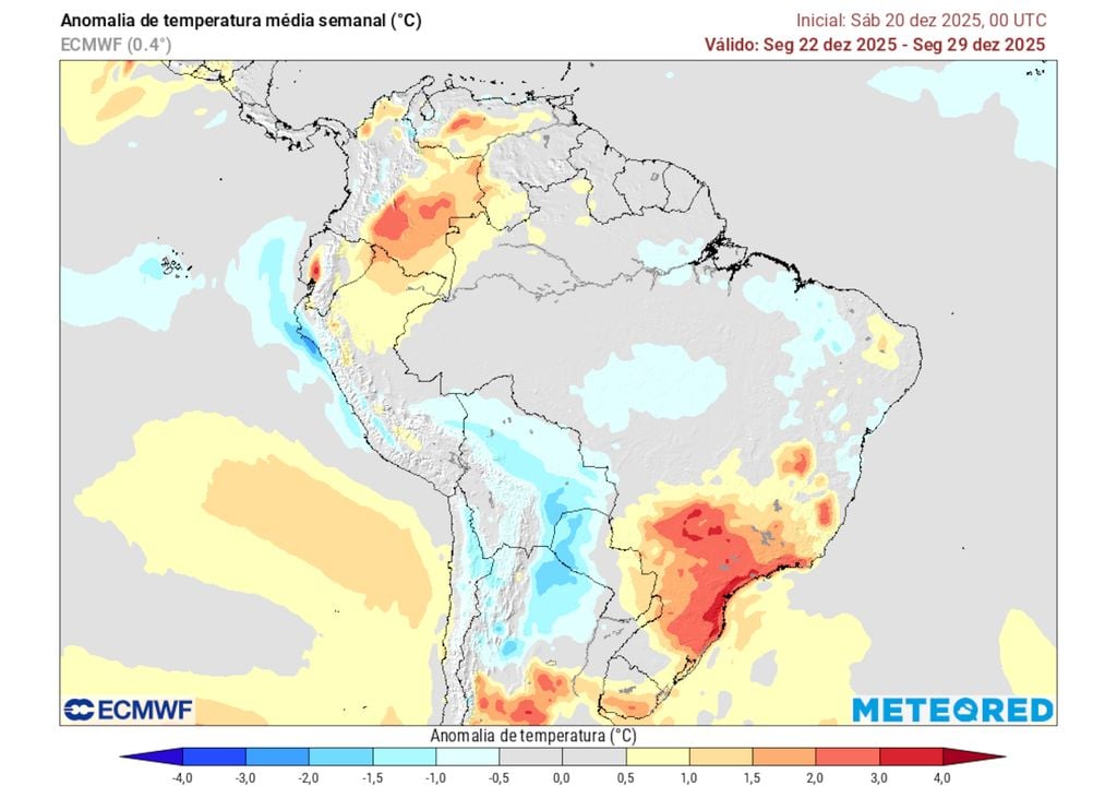 Previsão de anomalias de Temperatura entre os dias 22 e 29 de Dezembro (modelo ECMWF).