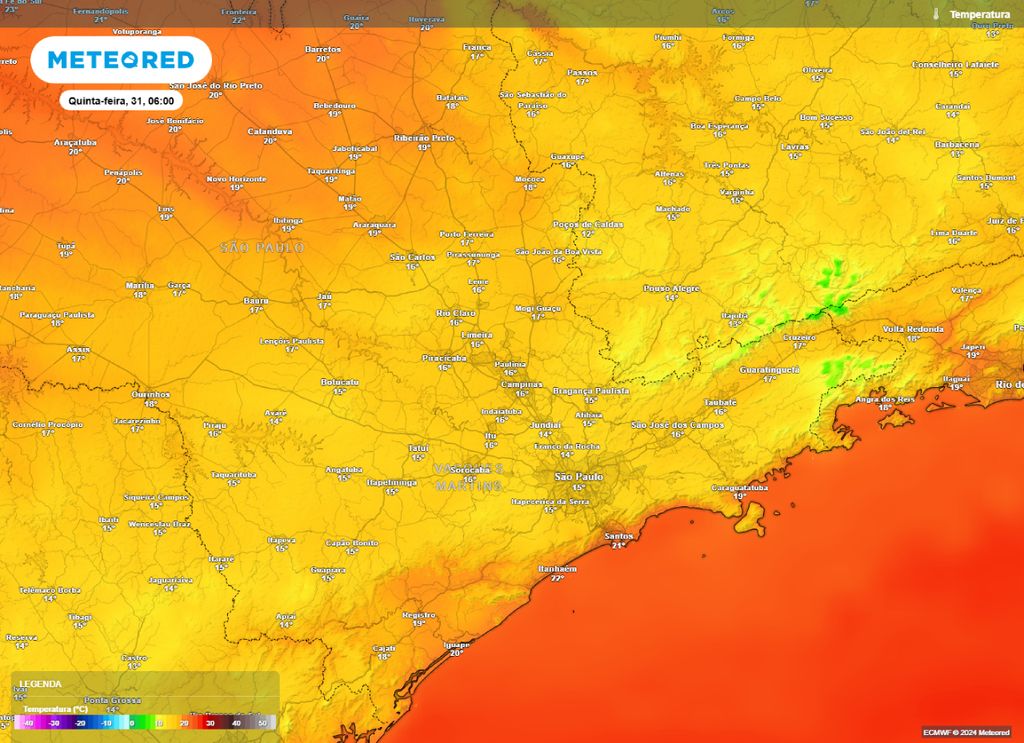 previsão temperatura mínima quinta-feira (31) São Paulo