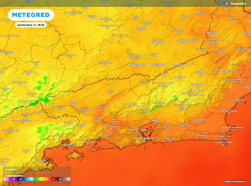 previsão temperatura mínima quinta-feira (31) Rio de Janeiro