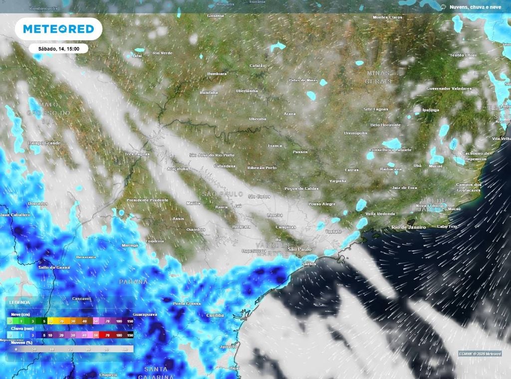 Previsão de precipitação (em mm) para o sábado (14) à tarde (15h), segundo o modelo europeu ECMWF.
