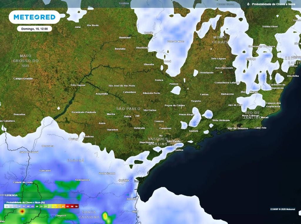 Previsão da probabilidade de precipitação (em %) para o domingo (15) ao meio-dia (12h), segundo o modelo europeu ECMWF.
