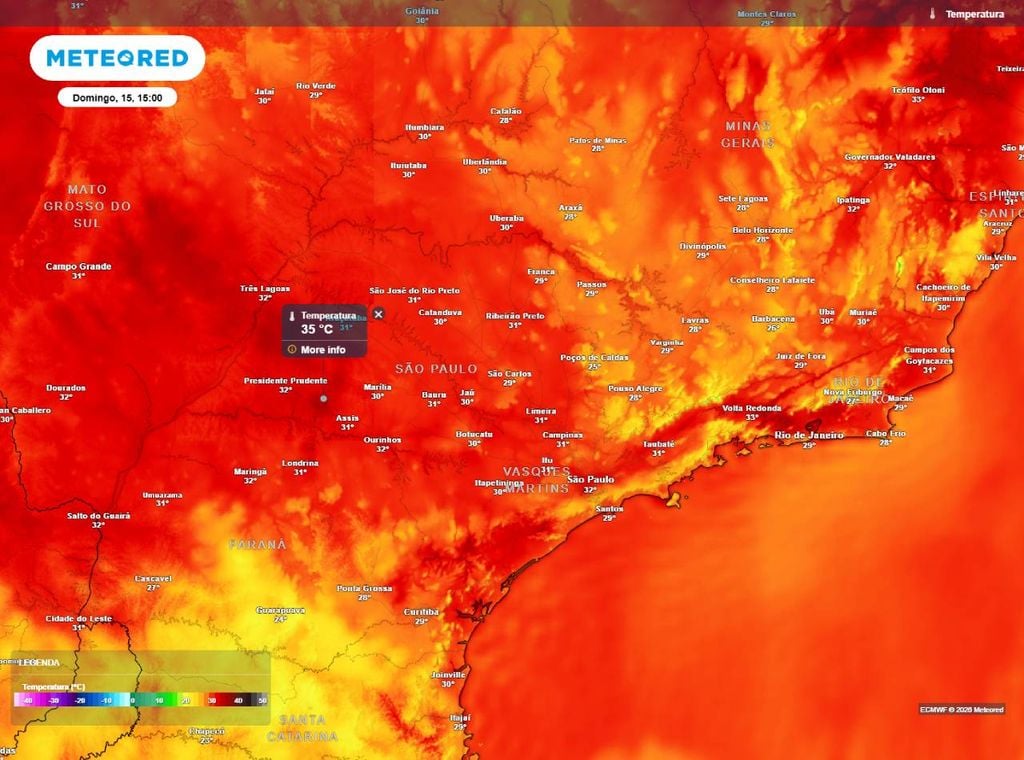 Previsão de temperatura (em °C) para o domingo (15) à tarde (15h), segundo o modelo europeu ECMWF.