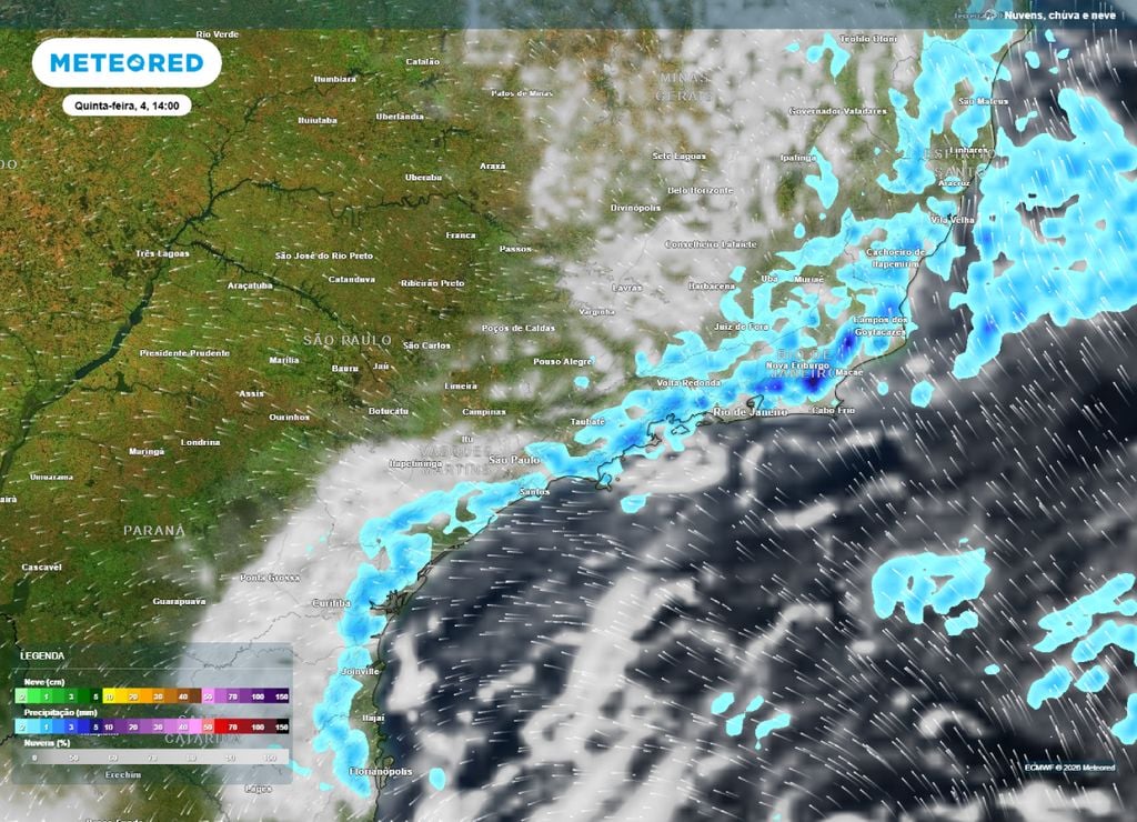 Previsão de precipitação (em mm) e nebulosidade para quinta-feira (4) à tarde (14h), segundo o modelo europeu ECMWF.