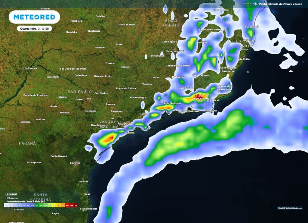 Previsão da probabilidade de precipitação (%) para quarta-feira (3) à tarde (13h), segundo o modelo europeu ECMWF.