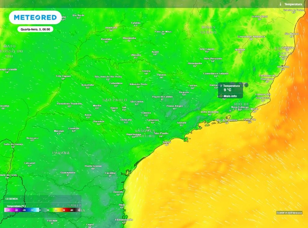 Previsão da temperatura do ar (em °C) para a manhã (6h) de quarta-feira (3), segundo o modelo europeu ECMWF.