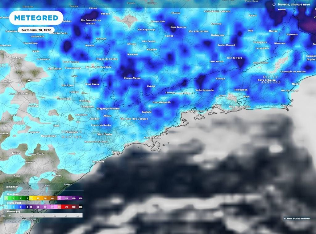 Previsão de precipitação e nebulosidade para sexta-feira (20) à tarde (15h), segundo o modelo europeu ECMWF.