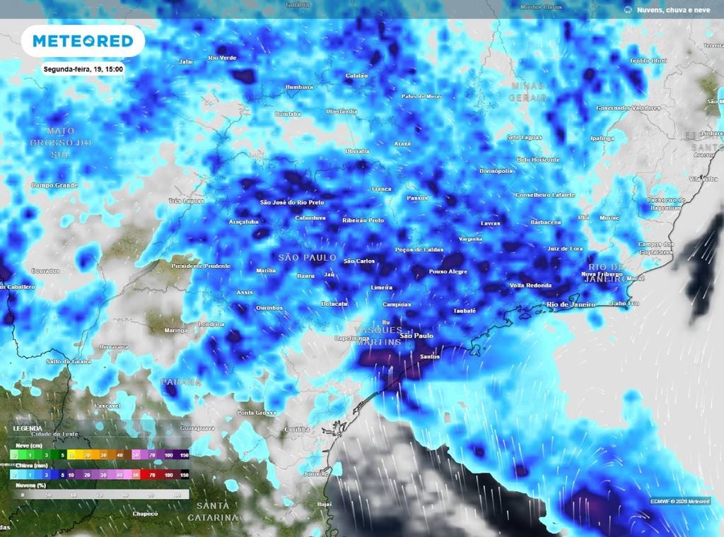 Previsão de precipitação (em mm) para a segunda-feira (19) à tarde (15h), segundo o modelo europeu ECMWF.