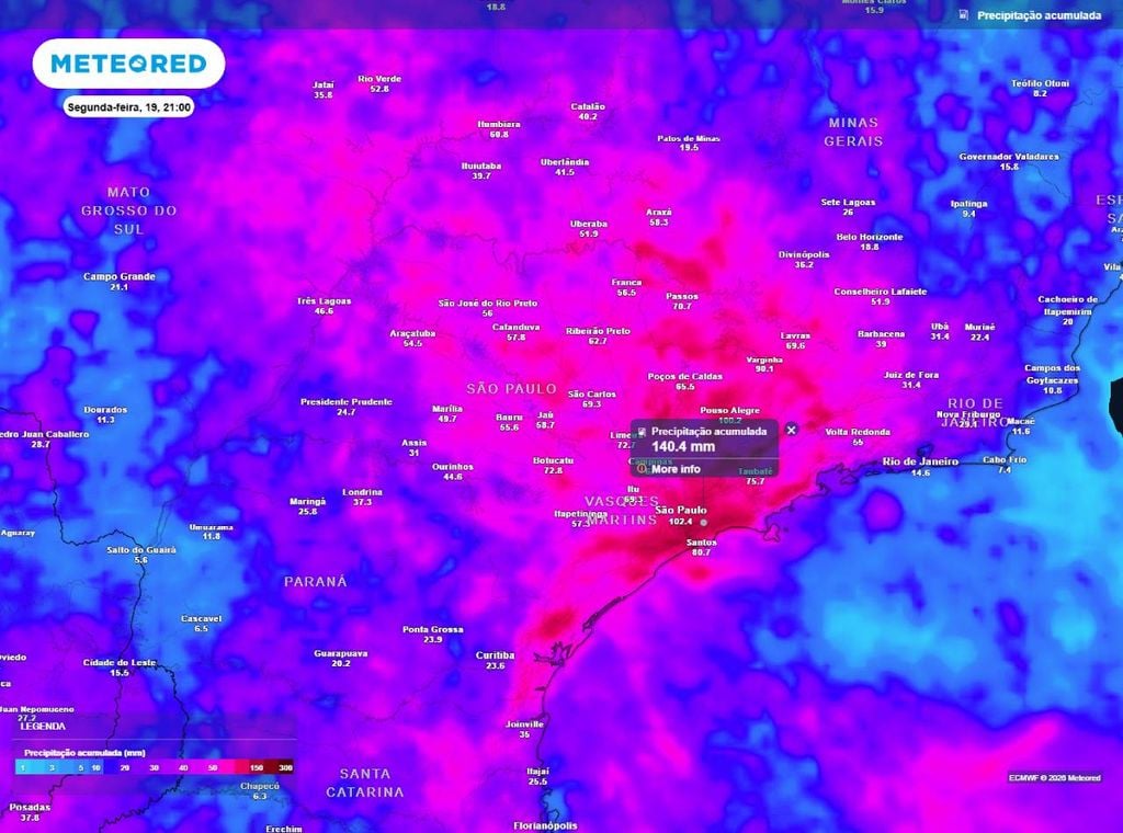 Precipitação acumulada (em mm) até a noite (21h) de segunda-feira (19), segundo o modelo europeu ECMWF.