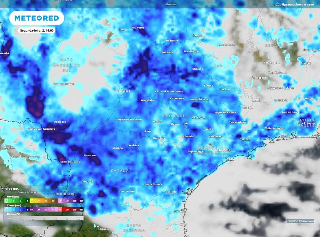 Previsão de precipitação (em mm) para a segunda-feira (2) à tarde (15h), segundo o modelo europeu ECMWF.