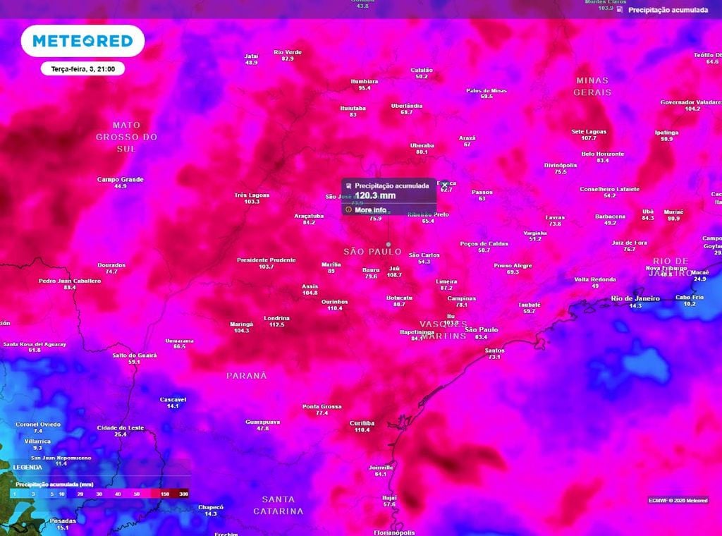 Previsão do acumulado de precipitação (em mm) até a noite (21h) de terça-feira (3), segundo o modelo europeu ECMWF.
