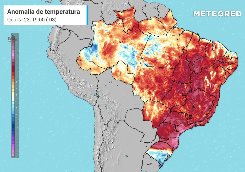 Mapa de anomalia de temperatura para Quarta-Feira (23) às 16h