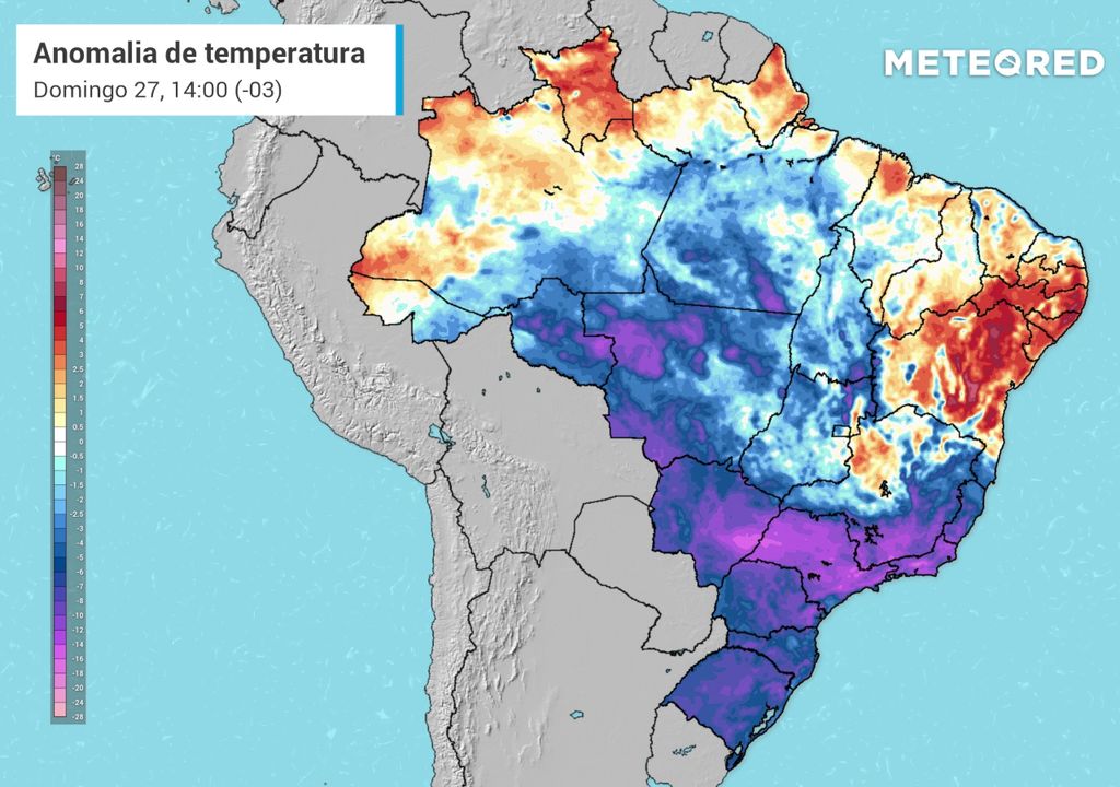 Mapa de anomalia de temperatura para Domingo (27) às 11h