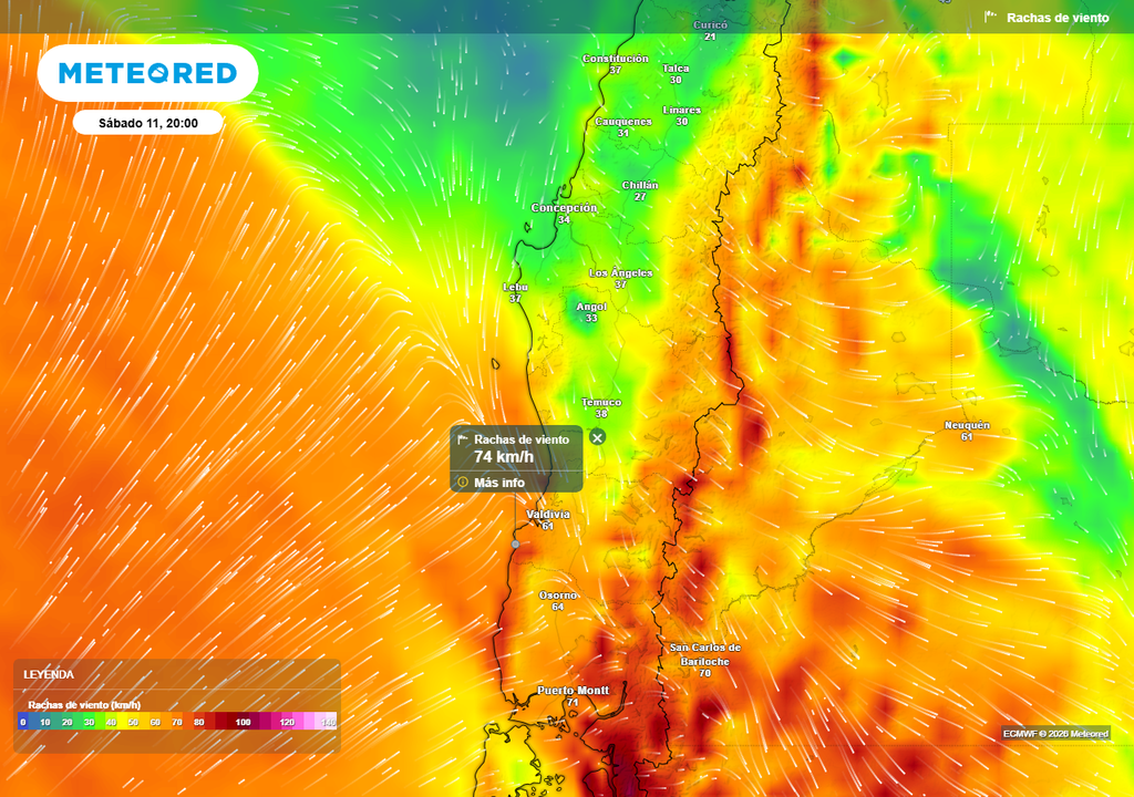Meteored pronostica lluvias para Chile centro-sur Rachas de viento (km/h) para la noche del sábado 11 de abril 2026 en Chile centro-sur.
