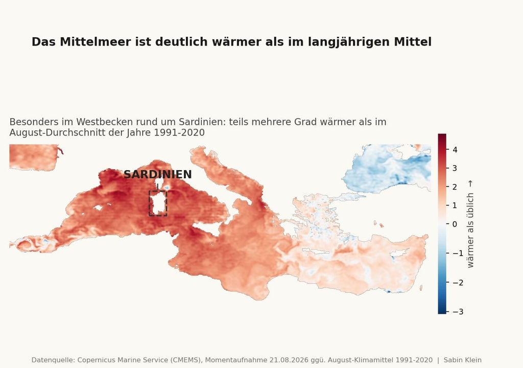 Anomalie der Meeresoberflächentemperatur: der 21.08.2026 im Vergleich zum langjährigen Mittel. Datengrundlage: Generated using E.U. Copernicus Marine Service Information; DOI 0.48670/moi-00165, DOI 10.48670/moi-00168. Graph: Sabin Klein