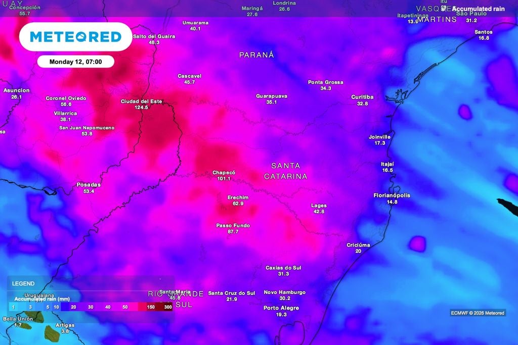chuva, acumulado, precipitação Previsão de chuva acumulada até segunda-feira (12), às 7h.