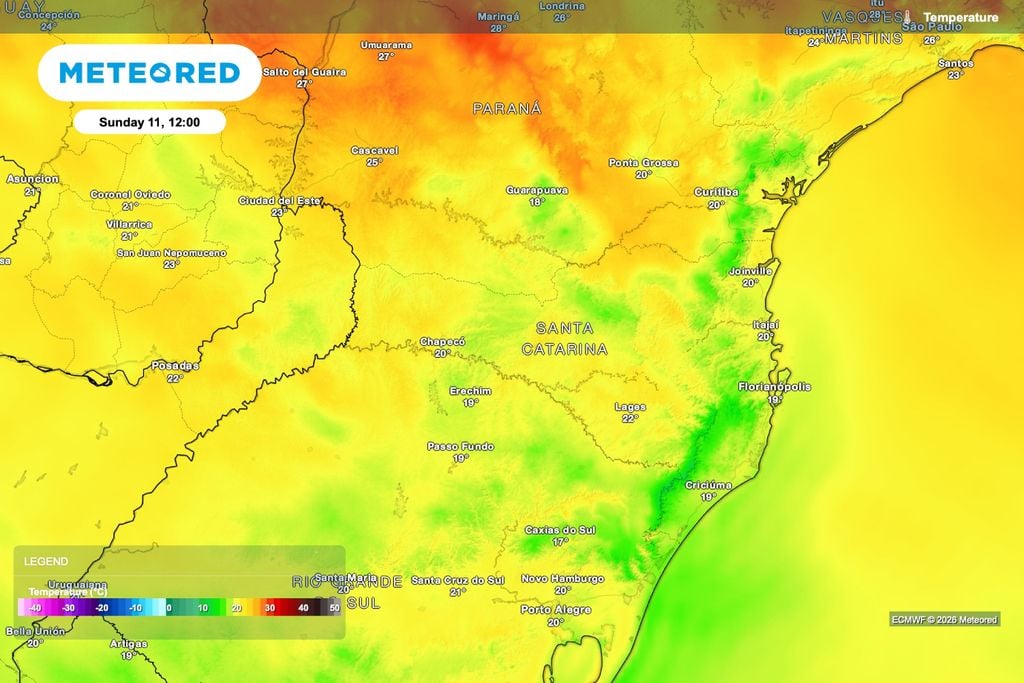 temperatura, SC, sudeste, sul Previsão de temperatura para domingo (11), às 12h.