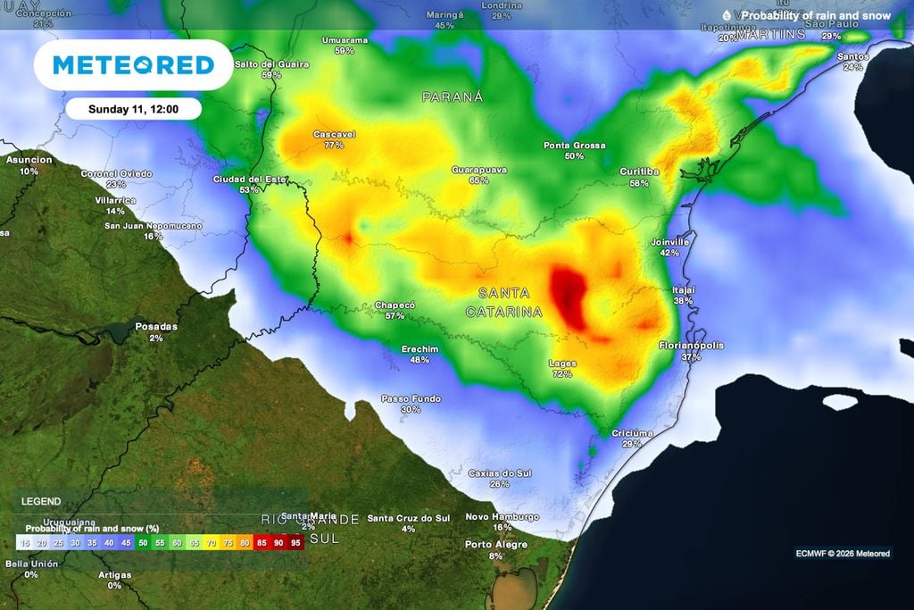 chuva, paraná, Santa Catarina Previsão de probabilidade de chuva para domingo (11), às 12h, com chances mais altas no oeste do Paraná e no interior de Santa Catarina.