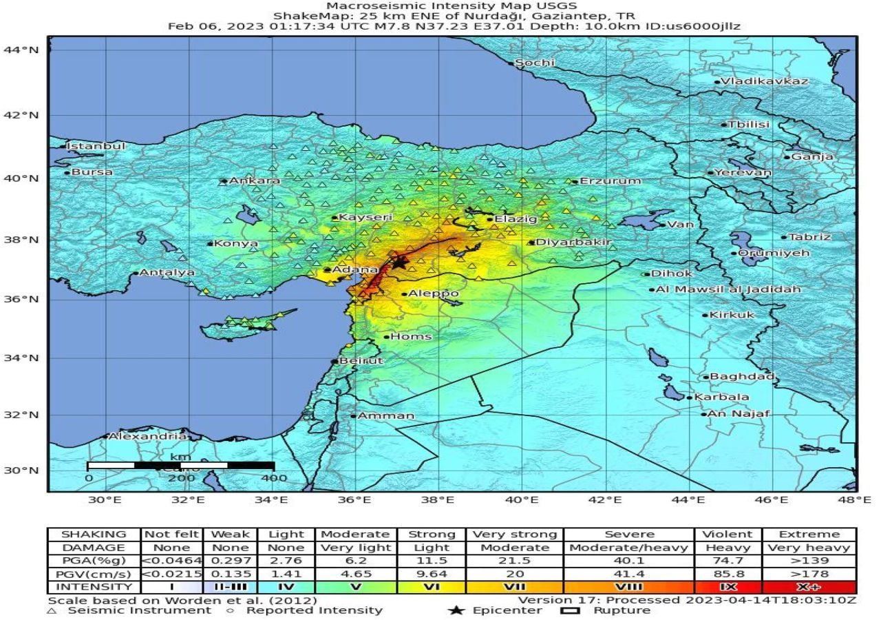 El mapa de intensidad y ubicación geográfica del terremoto de Turquía de 2023. Una estrella negra indica el epicentro del terremoto (https://earthquake.usgs.gov/earthquakes). Crédito: Journal of Applied Geodesy (2024). DOI: 10.1515/jag-2024-0024