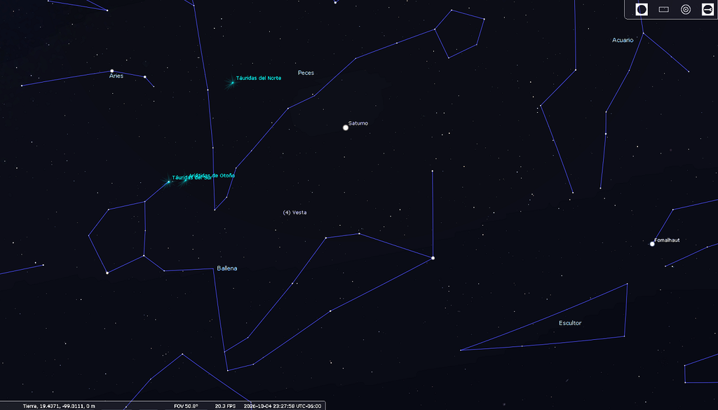 Ubicación de Saturno el 4 de octubre. Se encontrará entre Cetus y Piscis. Crédito: Zeus Valtierra / Stellarium.