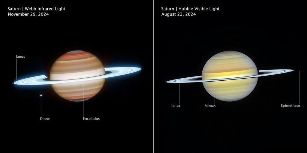 Les images complémentaires de Saturne obtenues par le télescope spatial James Webb et le télescope spatial Hubble de la NASA montrent une planète dynamique avec des caractéristiques atmosphériques, des lunes en orbite et des anneaux brillants. Crédits : Image : NASA, Agence spatiale européenne, Agence spatiale canadienne, Space Telescope Science Institute, Amy Simon (NASA-GSFC), Michael Wong (UC Berkeley) ; traitement de l’image : Joseph DePasquale (STScI). Les images complémentaires de Saturne obtenues par le télescope spatial James Webb et le télescope spatial Hubble de la NASA montrent une planète dynamique avec des caractéristiques atmosphériques, des lunes en orbite et des anneaux brillants. Crédits : Image : NASA, Agence spatiale européenne, Agence spatiale canadienne, Space Telescope Science Institute, Amy Simon (NASA-GSFC), Michael Wong (UC Berkeley) ; traitement de l’image : Joseph DePasquale (STScI).