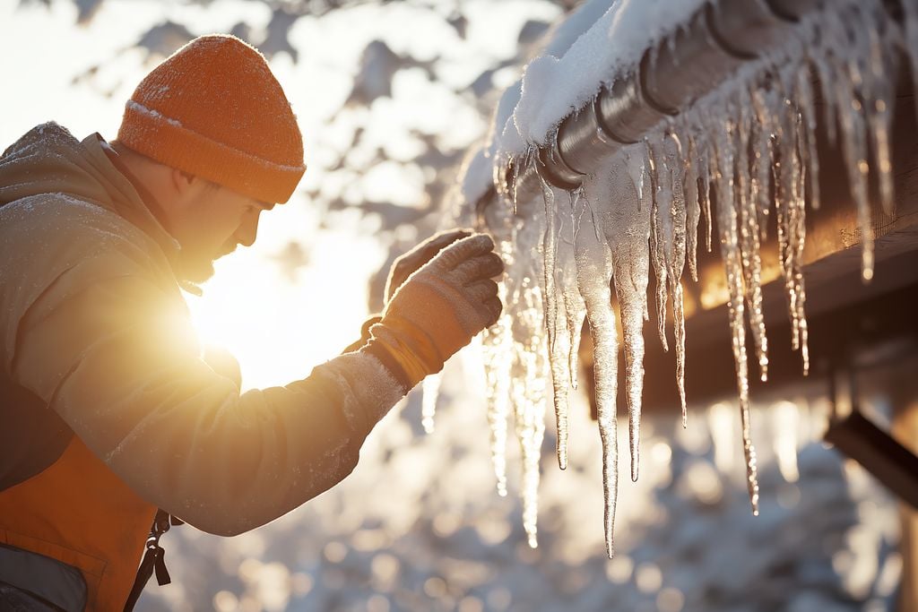 Man clears icicles from the roof