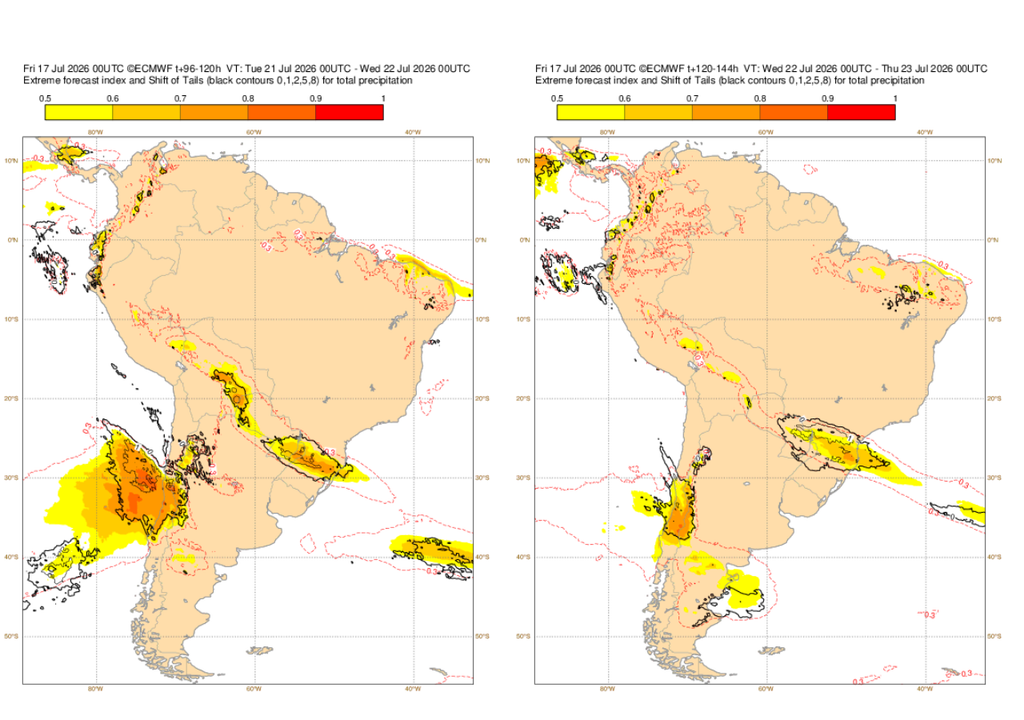 EFI do ECMWF para precipitação na terça (21) e quarta-feira (22). Créditos: Elaborada por Meteored com mapas do ECMWF. EFI do ECMWF para precipitação na terça (21) e quarta-feira (22). Créditos: Elaborada por Meteored com mapas do ECMWF.