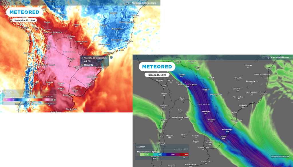 Previsão de anomalia de temperatura de 16°C acima da média no RS (esquerda) e rio atmosférico intenso (direita). Previsão de anomalia de temperatura de 16°C acima da média no RS (esquerda) e rio atmosférico intenso (direita).